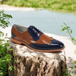 GIOVANNI MEN'S NAVY/TAN LEATHER WING TIP DRESS SHOE. TROY.